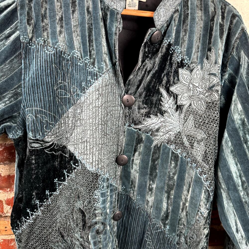 Vintage Sportsgirl Jacket Size XL Blue Velvet Patchwork Button Up Floral Artsy - Picture 4 of 6